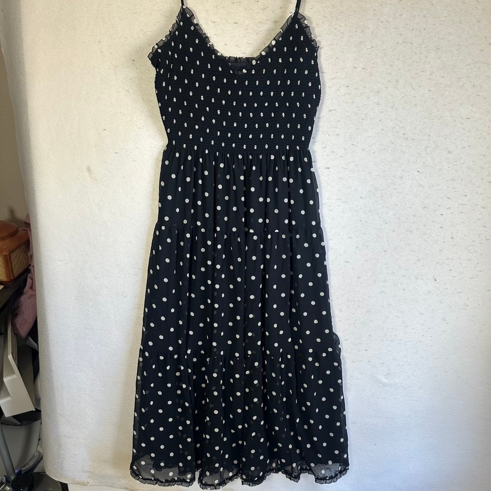 Wilfred Aritzia Polka Dot Smocked Tiered Midi Dress Black White Large 125625